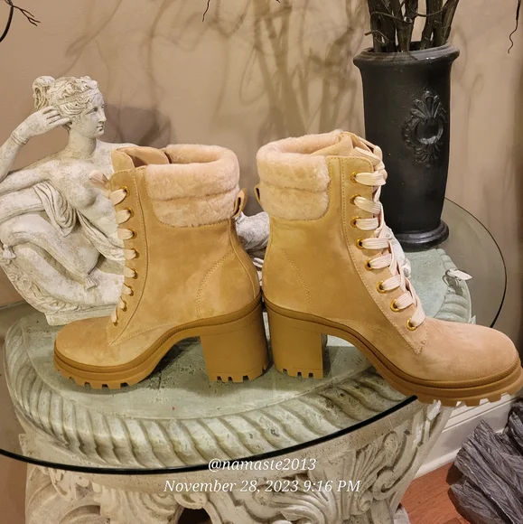 Veronica Beard Water Resistant Westport Lug SoleSuede Lamb Fur Luxury Boots #637 - Picture 8 of 15